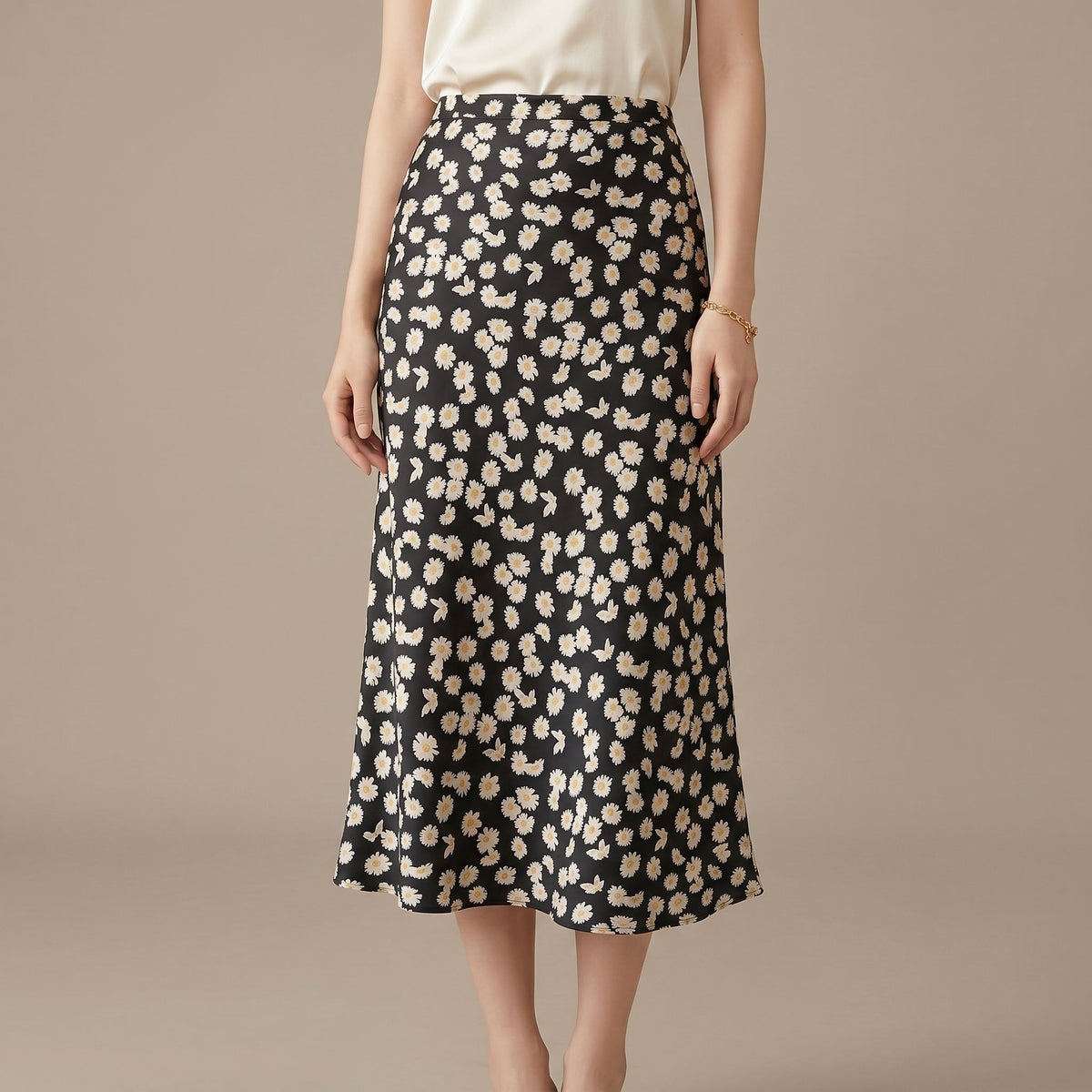 Silk Daisy Print Midi Skirt