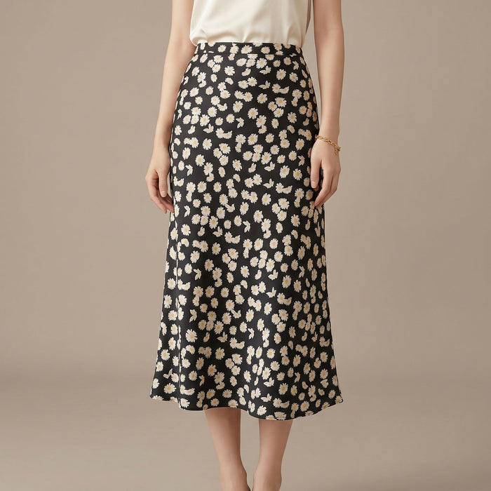 Silk Daisy Print Midi Skirt